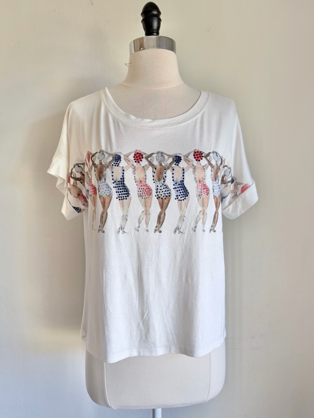 CYRUS Off-White Vintage Bathing Beauties Embellished Graphic Tee, Sz S NWT Beach